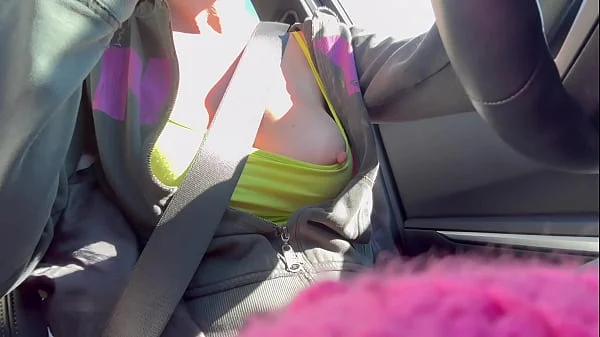 Sexy car ride with horny big tits Artemisia Love showing her juicy tits while driving