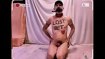 naked pathetic white pervert slave after lost bet had to punish himself, glans, testicles and gay ass, CMNM