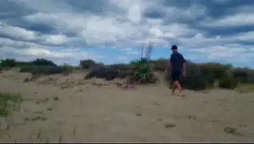 naked pathetic white slave, fag in penis cage, striptease and proudly present collar, leash, dildo play at the gay beach, CMNM