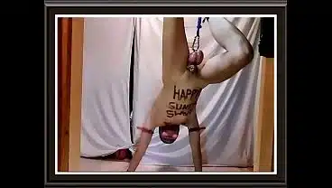 naked pathetic white slave pig, fag in penis cage, swings at his useless dirty gay balls, ass filled with brush or dildo, CMNM